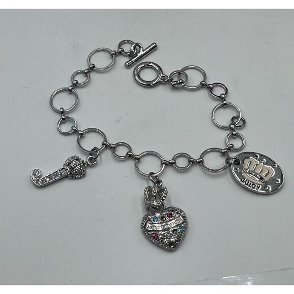 Juicy Couture Silver Tone Charm Bracelet Puff multicolor Crown Heart Pave‎ J - Picture 2 of 8
